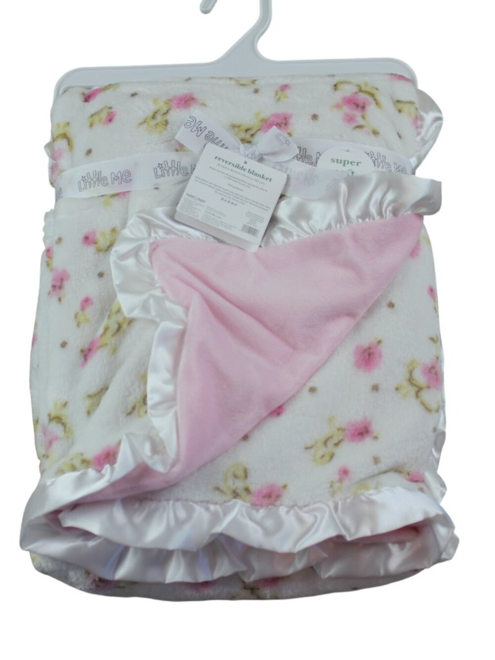Little Me Baby Blanket White Pink Floral White Fleece Satin Infant Girl NWT RARE